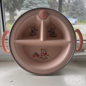 Vintage 1950s Baby Dish / Food Warmer ~ Painted Divided Dish With a Metal Bottom,  Pink Baby Bowl