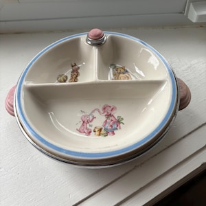 Vintage 1950s Baby Dish / Food Warmer ~ Painted Divided Dish With a Metal Bottom, Elephant Print