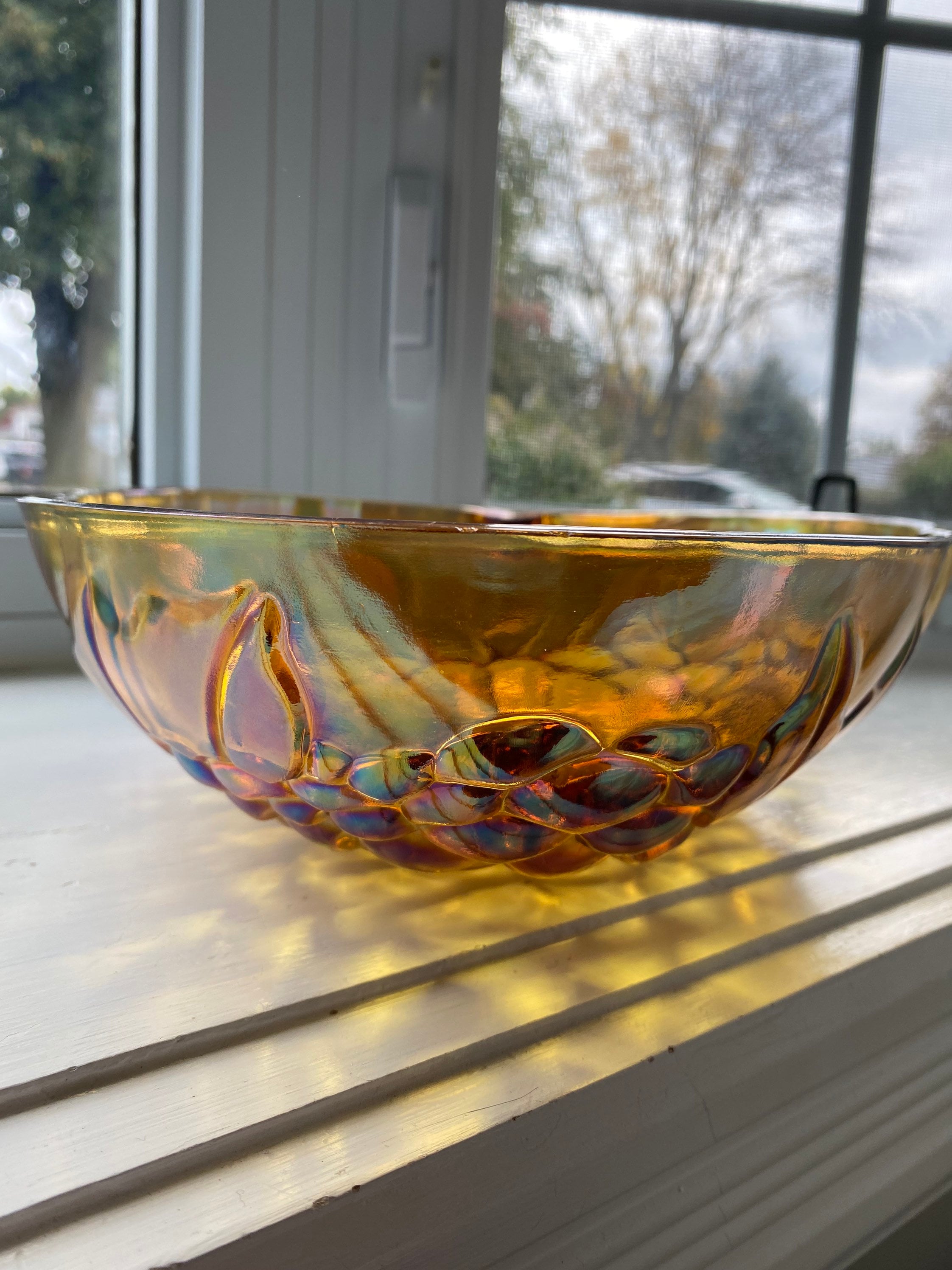 Vintage Indiana Glass Fruit Bowl, Mid-century Amber Carnival Glass