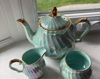 Vintage SADLER irisierende Blau / Türkis Teekanne mit Sahne & Zucker | Sadler Swirl Teekanne | England
