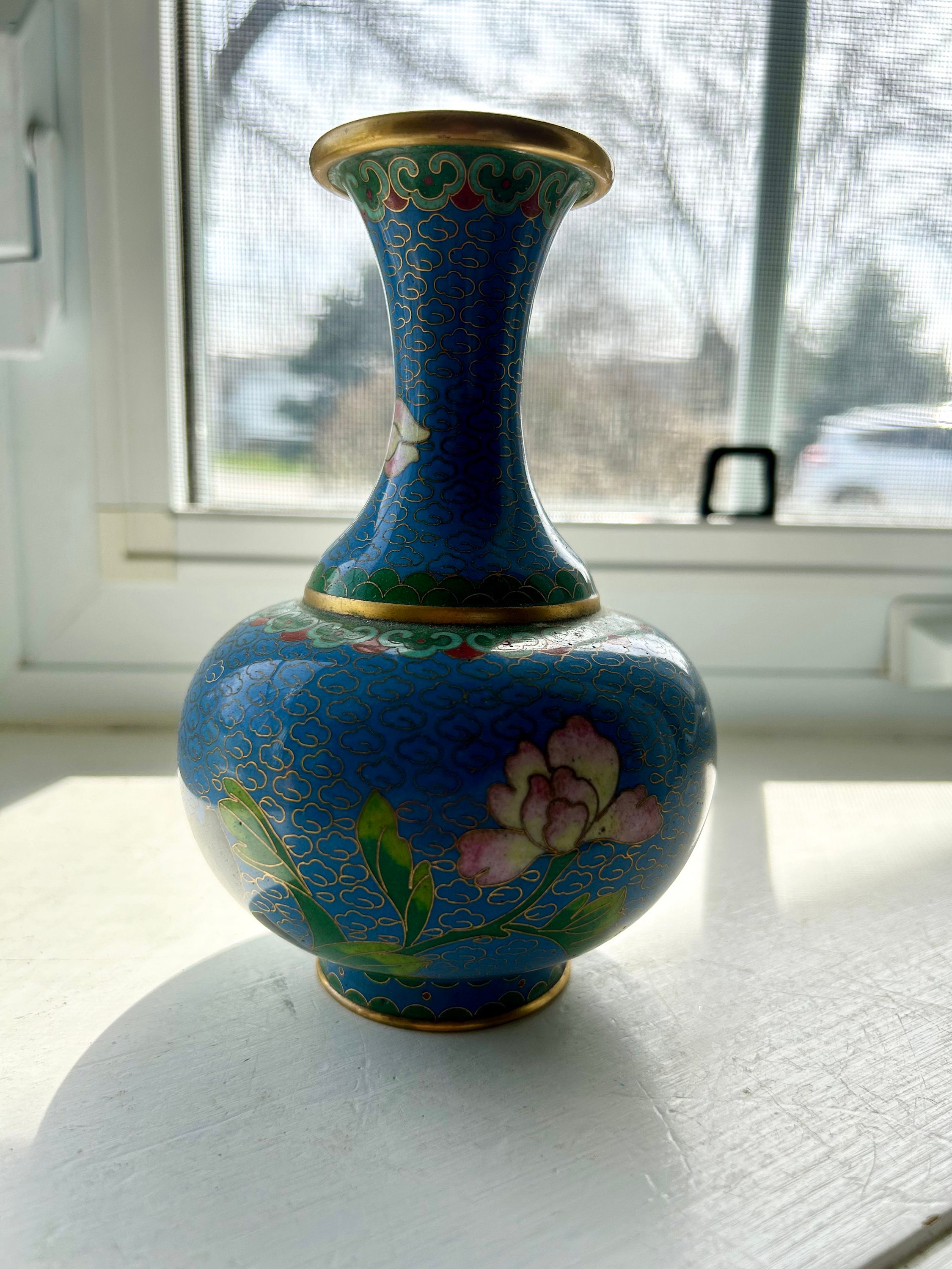 Vintage Chinese Cloisonné Enamel Vase, Birds and Flowers Pattern