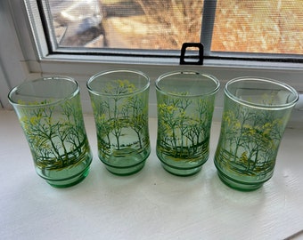 Vintage Green Glass Juice Glasses, Set of 4, Tree Print