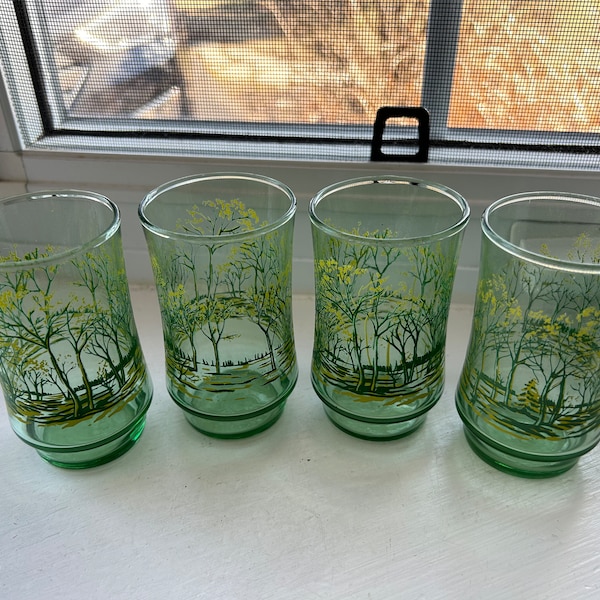 Vintage Green Glass Juice Glasses, Set of 4, Tree Print