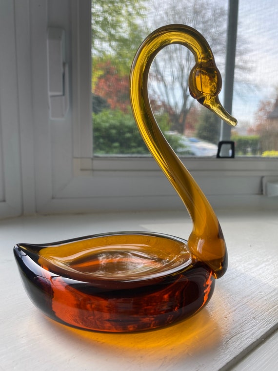 Vintage Amber Yellow Bohemia Crystal Swan, Made in Czechoslovakia