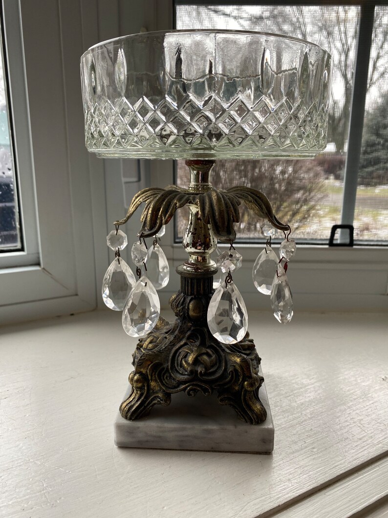 Vintage Crystal Bowl on Brass Pedestal and Marble Base With Etsy