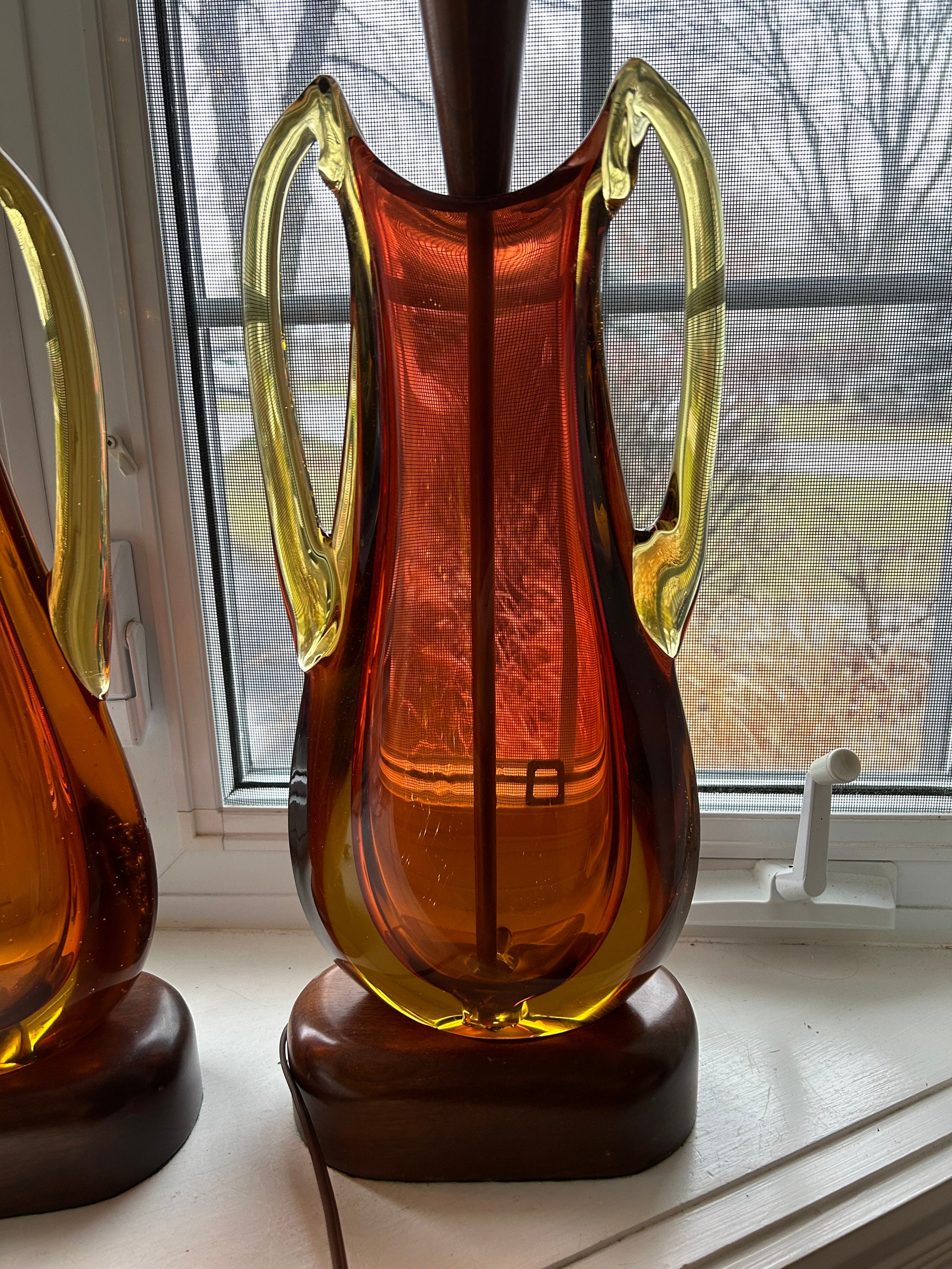 Flavio Poli Pair of Lamps, Heavy Amber Glass With Wooden Base