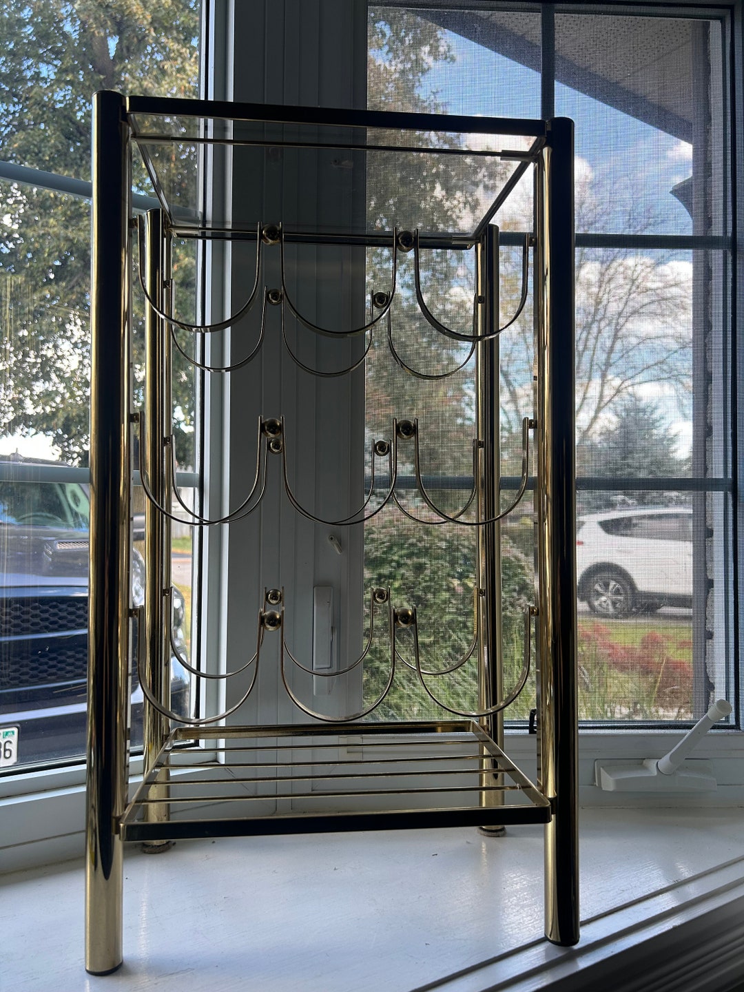 Vintage Brass Wine Rack With Glass Top Wine Bottle Holder Etsy