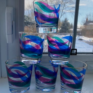 Vintage Set of 6 Colourful Swirled Juice Glasses With Gold Trim, Purple, Teal, Blue Glasses