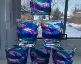 Vintage Set of 6 Colourful Swirled Juice Glasses With Gold Trim, Purple, Teal, Blue Glasses