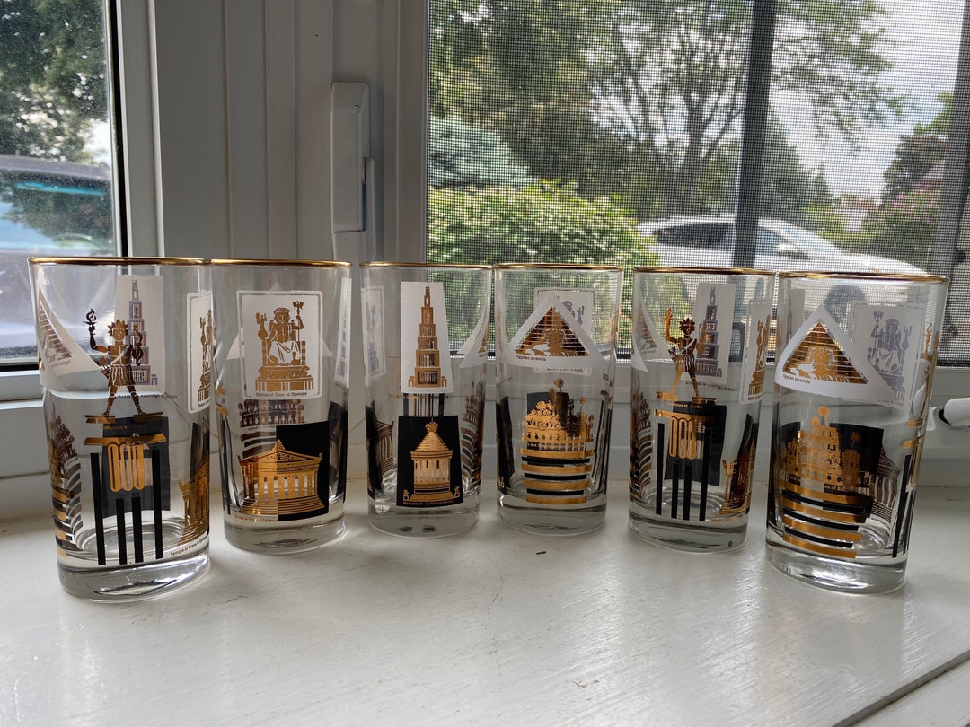 Vintage 7 Wonders of the World Gold Embossed Glasses, Set of 6, Retro Barware Etsy