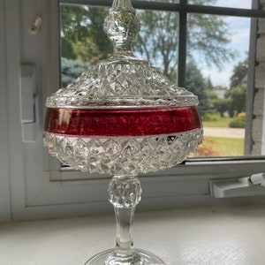 Vintage Pedestal Pressed Glass Candy Dish with Cranberry Glass Trim, Diamond Pattern Compote With Lid and Finial