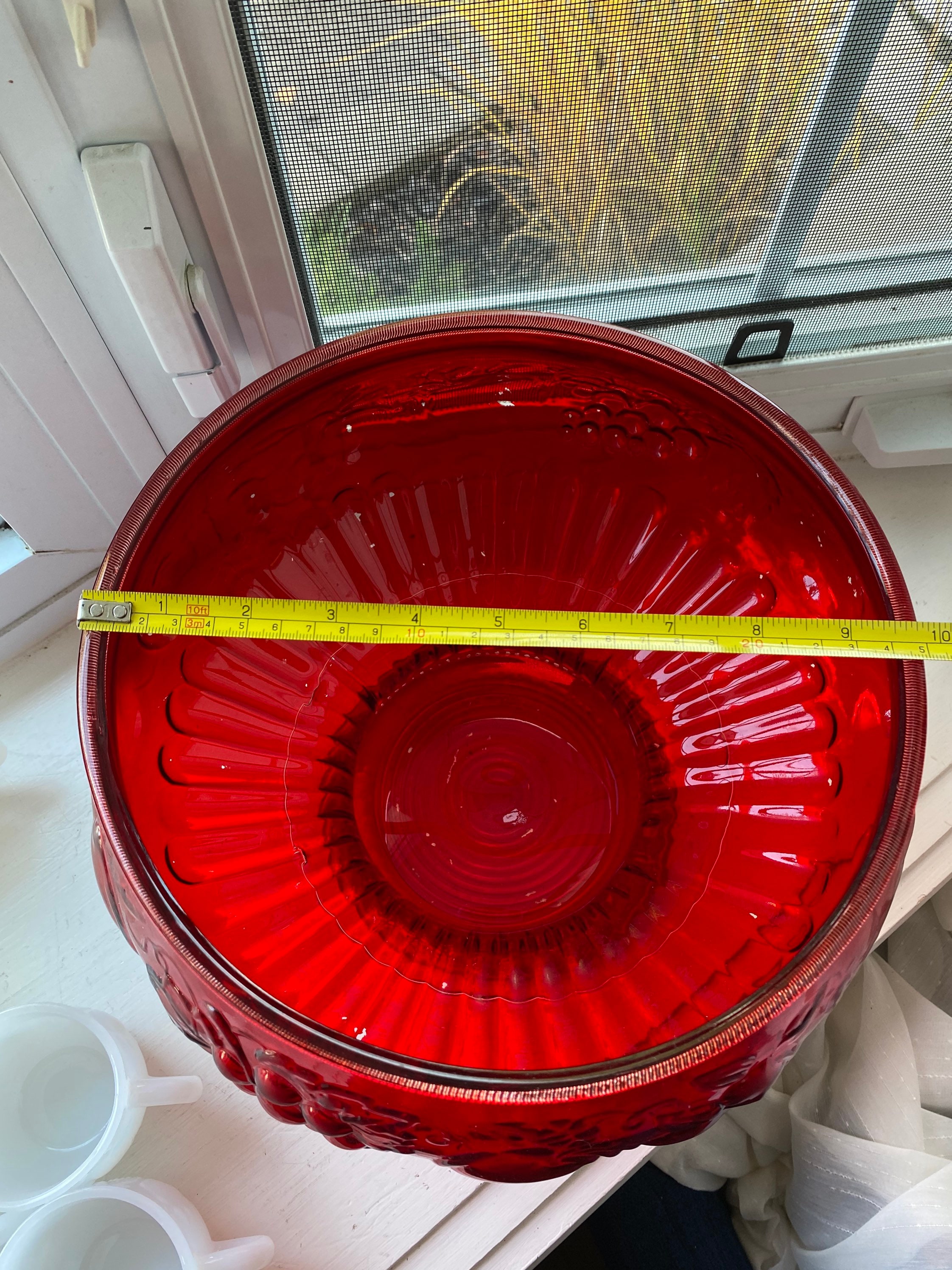 Vintage Red Glass Punch Bowl & 12 White Glass Punch Cups Fruit Etsy