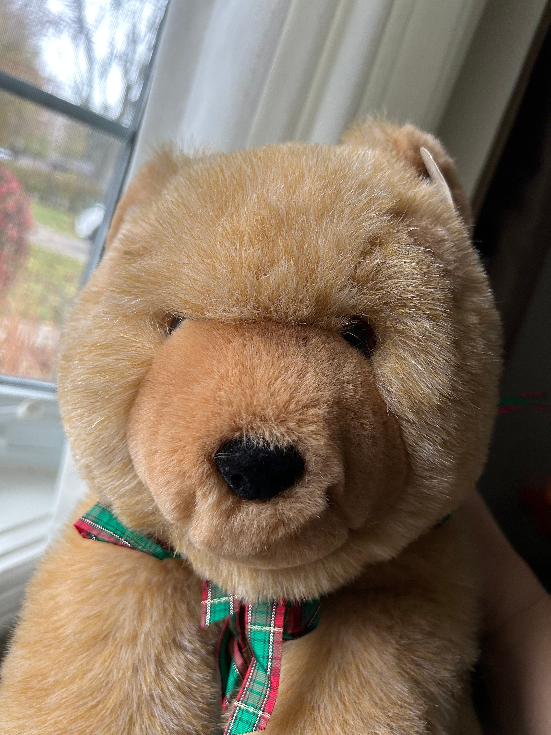 Vintage Gund Honey Bear, Fuzzy Teddy Bear, Plaid Bow, 1979, Made in Korea