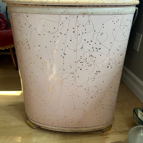 Pearl Wick Laundry Hamper, MCM Pink and Gold Atomic Print Vintage Hamper, Made in New York USA
