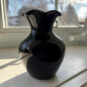 Vintage Amethyst Vase, Very Dark Purple Small Vase, Ruffle Top