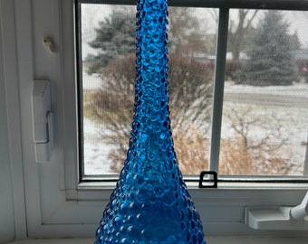Tall Vintage Empoli Capri Blue Glass Genie Bottle, Bubble Pattern, 15” Tall, No Stopper