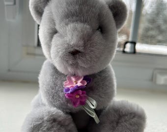 Vintage Gund Teddy Bear Holding Flowers, Grey Bear With Pink and Purple Flowers