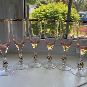 Vintage Zuzana Champagne Glasses, Set of 6, Czechoslovakia Crystal, Pink and Gold Glasses