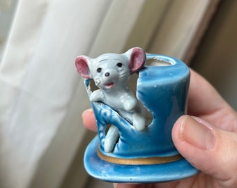 Vintage Mouse Toothpick Holder, Mouse in a Top Hat, Made in Japan, Porcelain Toothpick Holder