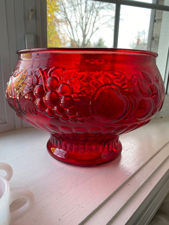 Ruby Red Punch Bowl With 12 White Milk Glass Cups Indiana Glass