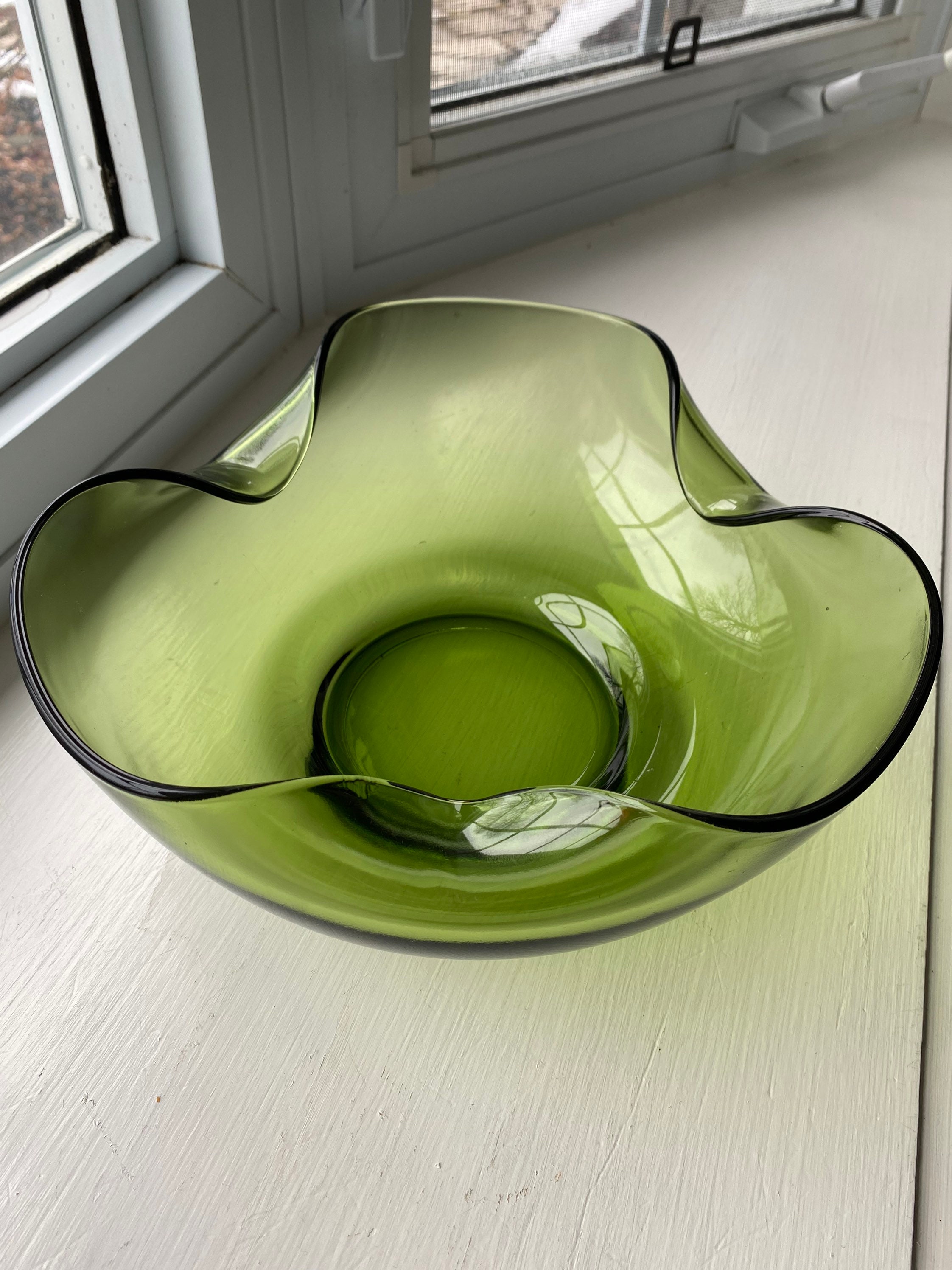 Vintage Green Glass PinchedCorner Bowl Etsy