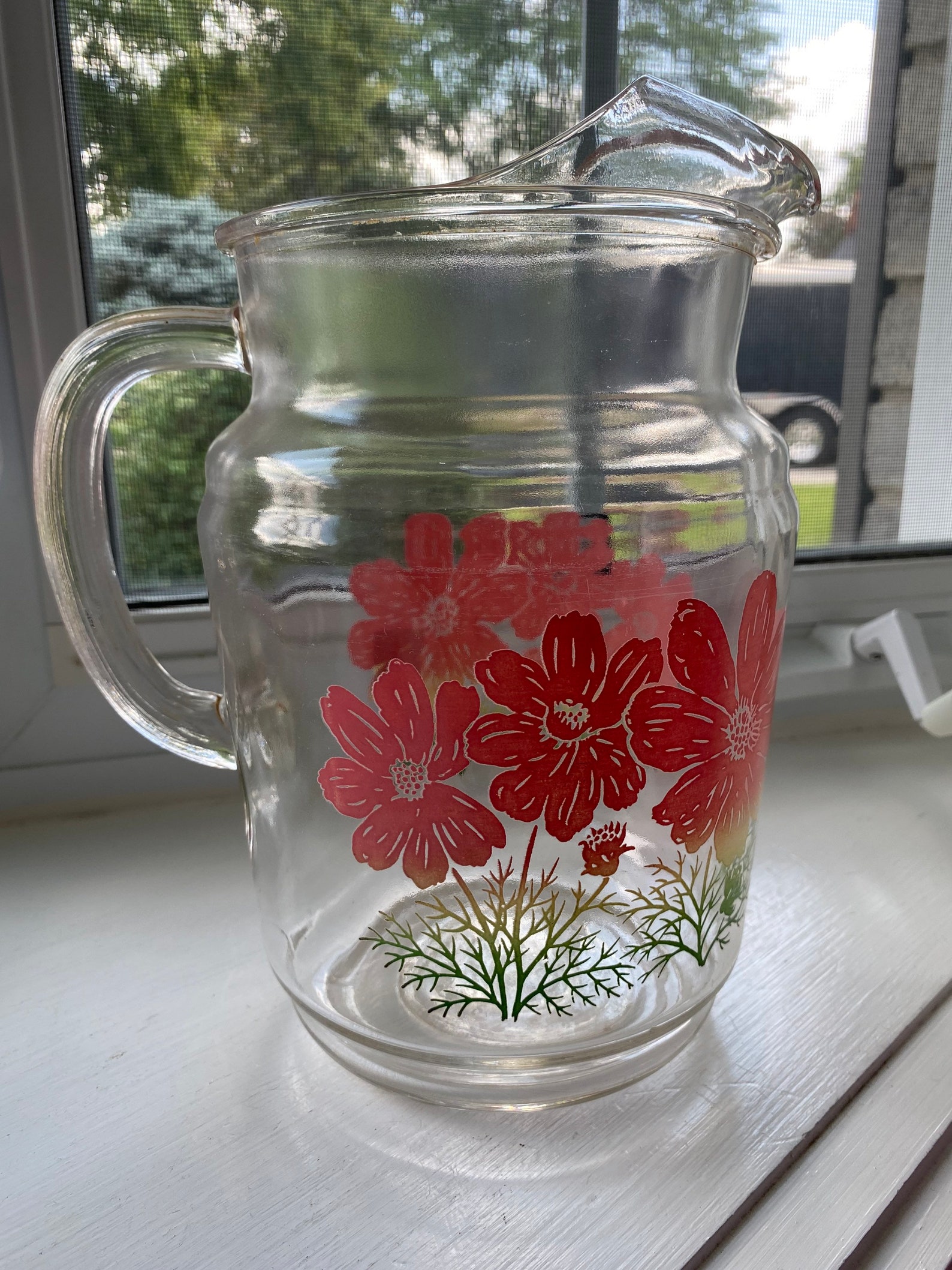 Mid Century Ice Tea Pitcher Clear Glass with Ice Lip Red Etsy