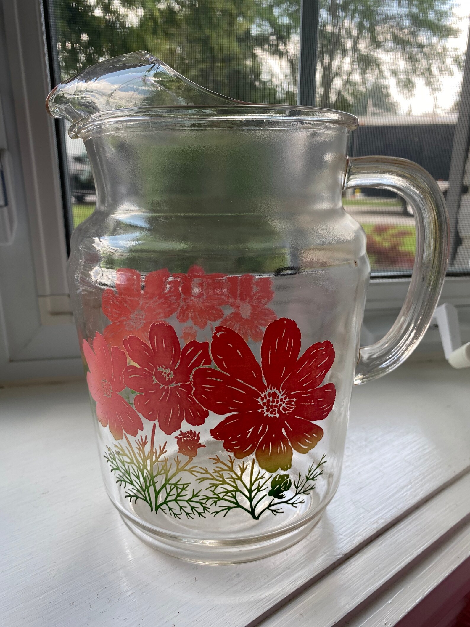 Mid Century Ice Tea Pitcher Clear Glass with Ice Lip Red Etsy