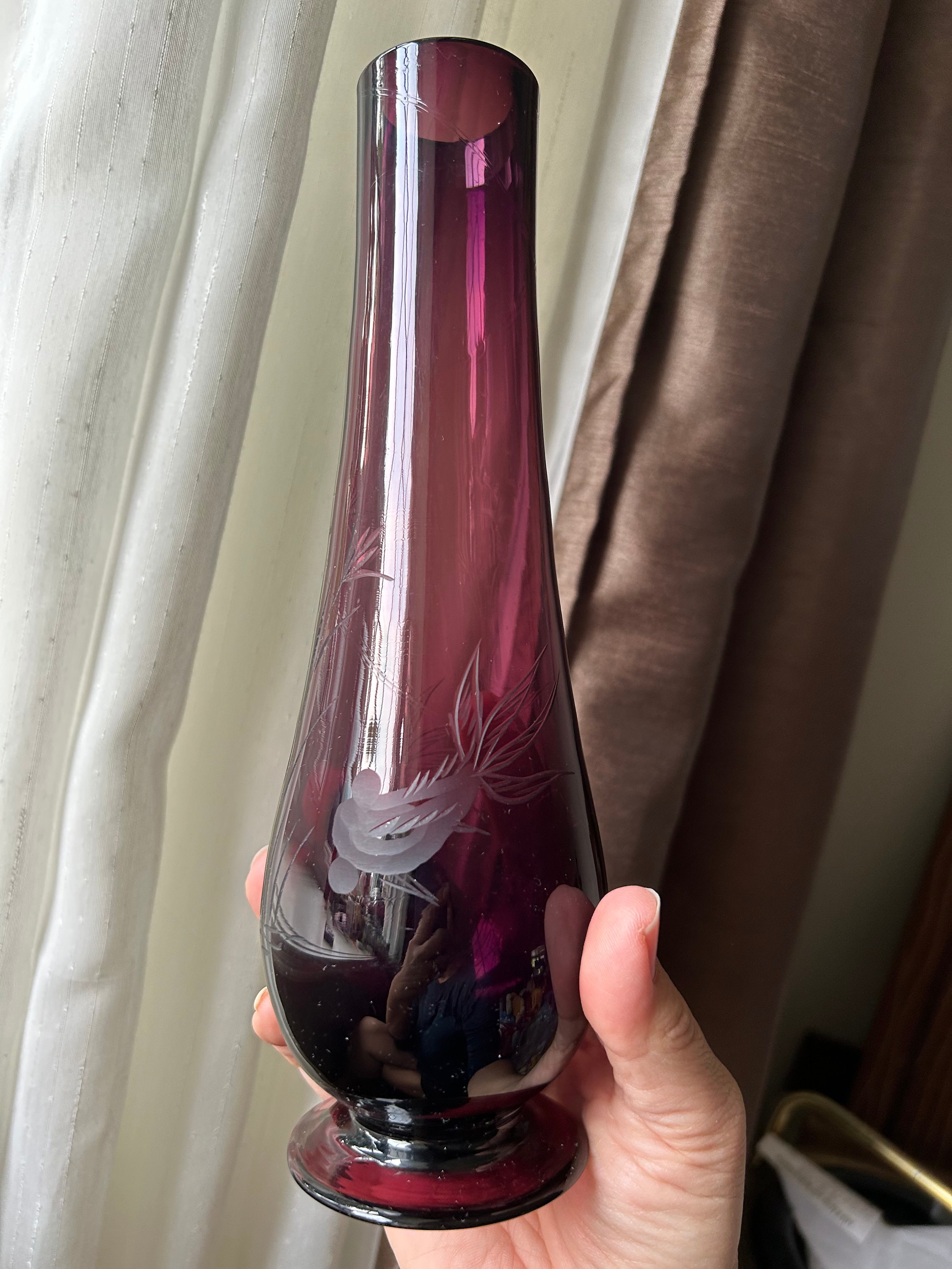 Vintage Amethyst Purple Etched Vase, Goldfish Etched Glass Vase