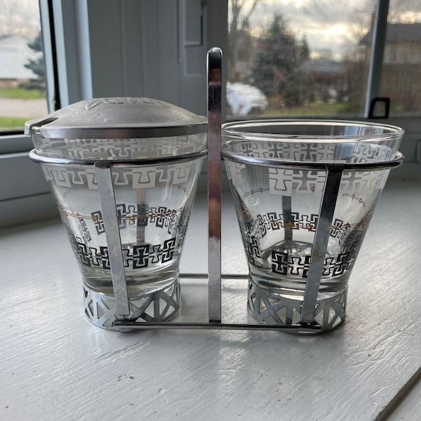 Vintage Libbey Duo Glass Serving Set with Metal Caddy and 1 Matching Lid