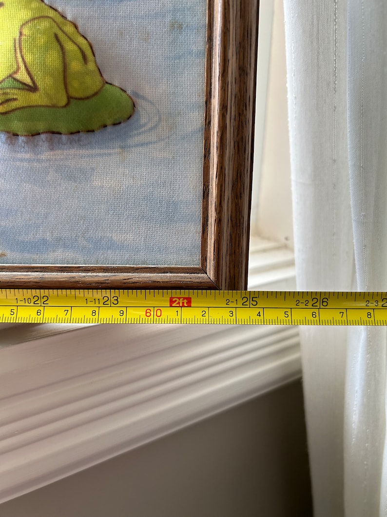 May include: A framed picture of a green frog on a blue background. The picture is 2 feet wide and is measured with a yellow tape measure.