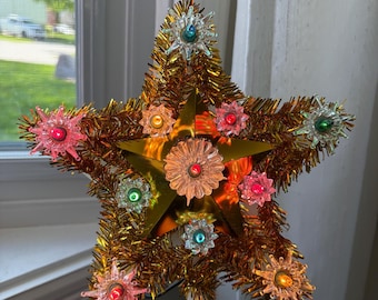 Vintage Tinsel Star Tree Topper With Lights Decoration, 11 Lights, White Rose Original Box