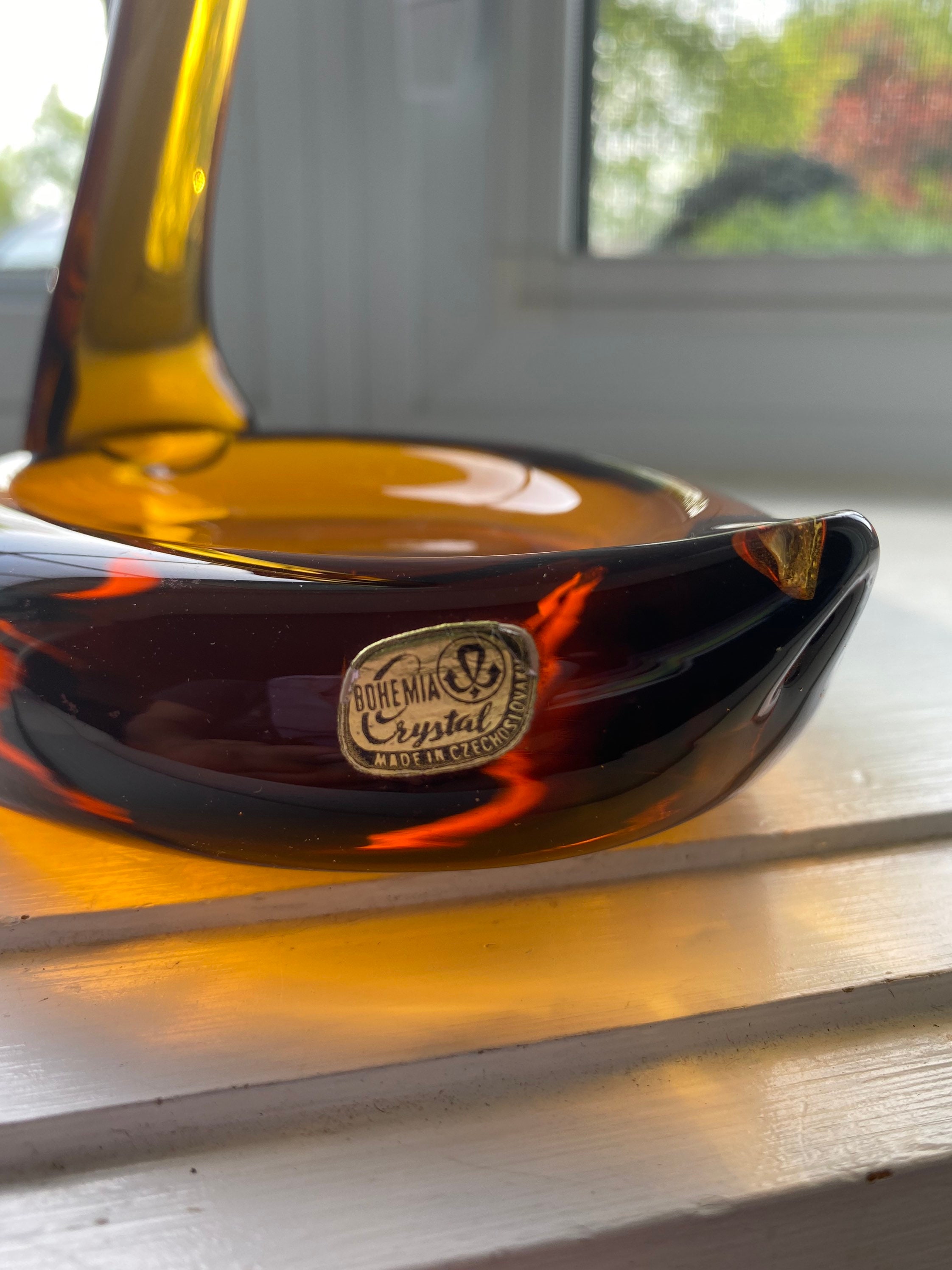 Vintage Amber Yellow Bohemia Crystal Swan, Made in Czechoslovakia