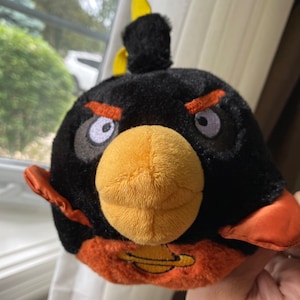 Angry Bird Space Bomb Bird Plush 8" Black w/ Orange Cape Yellow Flame