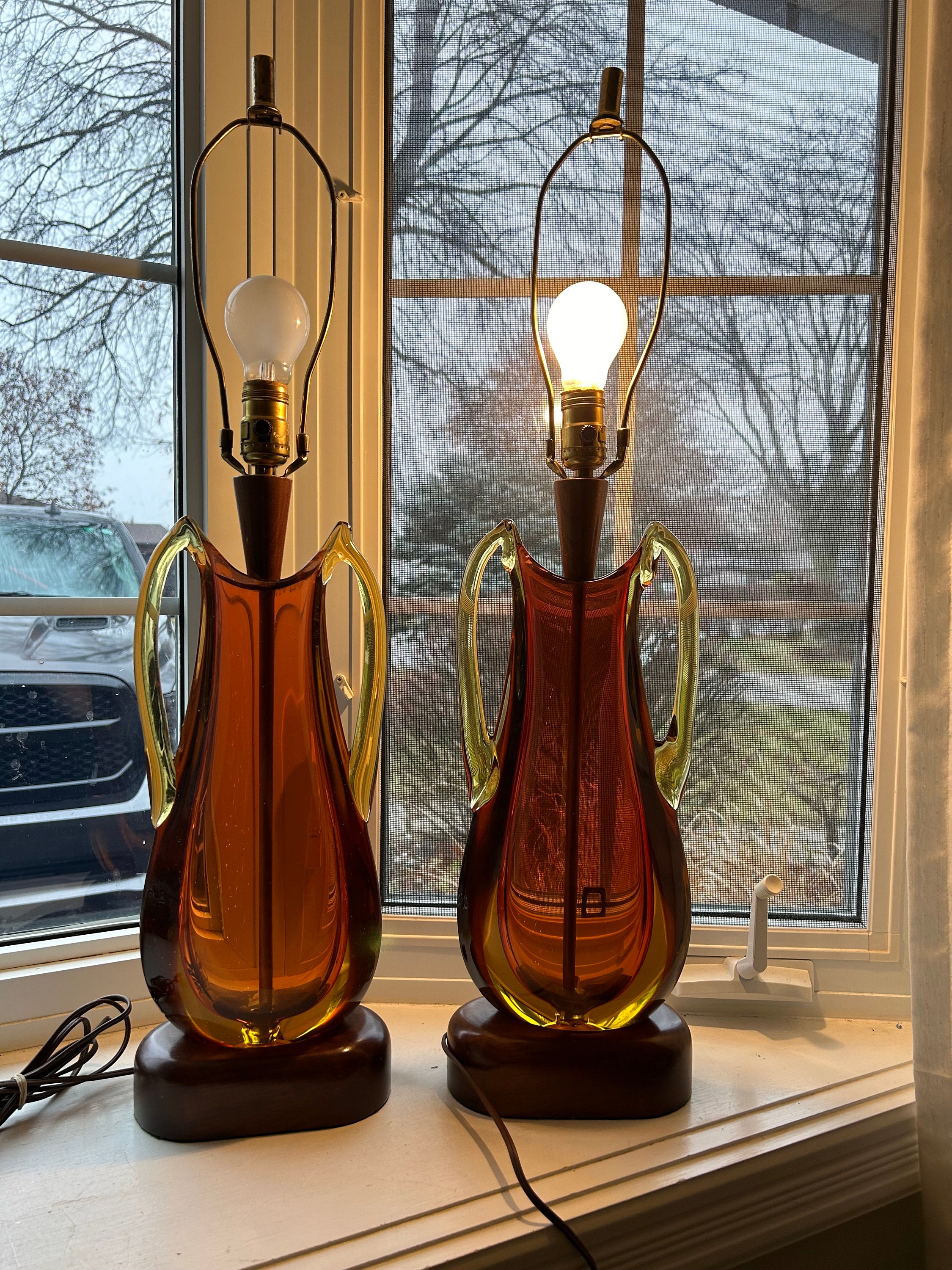 Flavio Poli　ムラノガラス/花器/ビンテージ/フラビオポリ Flavio Poli Pair of Lamps, Heavy Amber Glass With Wooden Base