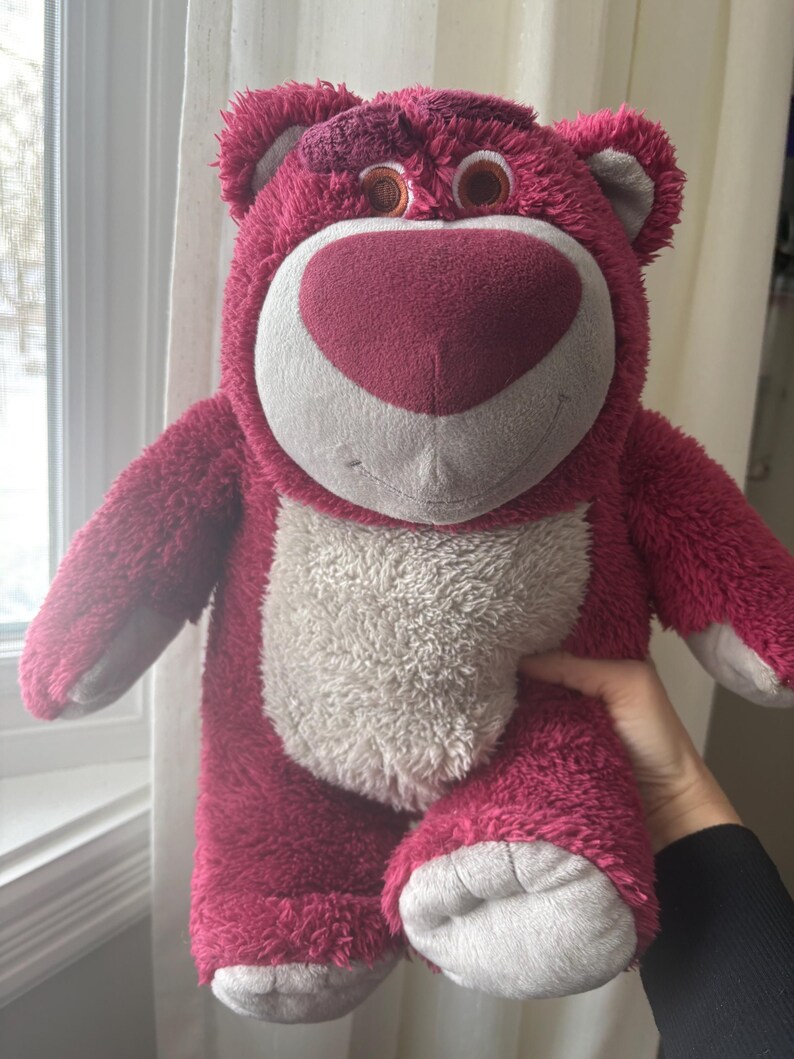 May include: A plush, pink teddy bear with a heart-shaped nose and a white belly. The bear has a friendly expression and is made of soft, fuzzy material. The bear is being held up in front of a window.