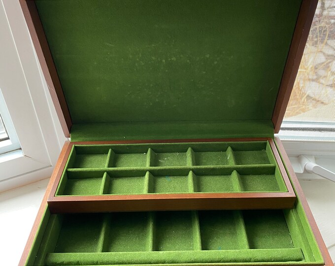 Vintage Mens Jewelry Box, Valet Case, Retro Green Velvet Jewelry Box