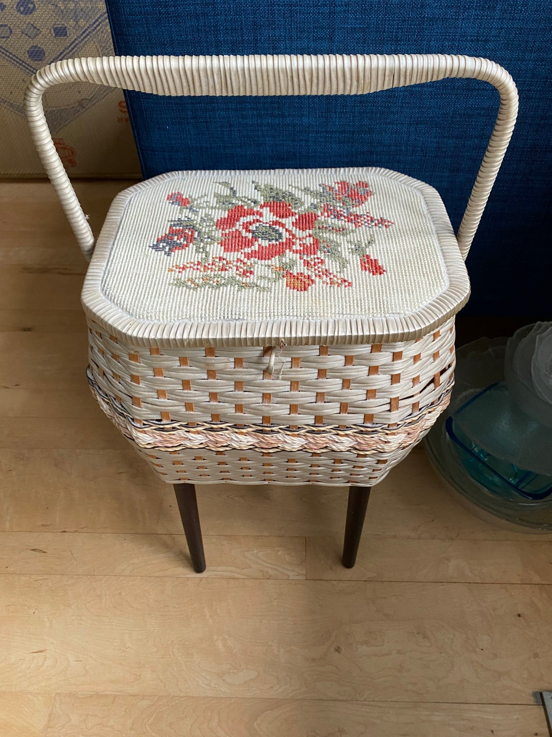Vintage Wicker Sewing Basket Tall Sewing Basket on Legs Etsy
