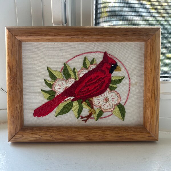 Vintage Cardinal Needlepoint, Small Framed Needle Point, Red Bird