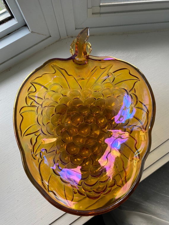 Vintage Indiana Glas Obstschale, Mid-Century Bernstein Karneval Glas, Ernte Trauben Muster