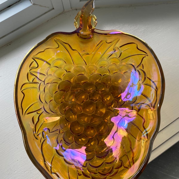 Vintage Indiana Glass Fruit Bowl, Mid-Century Amber Carnival Glass, Harvest Grape Pattern
