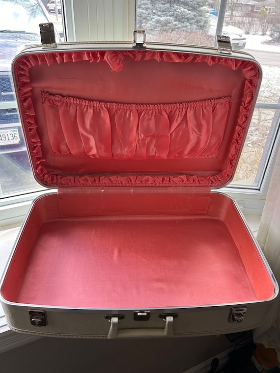 Vintage White Suit Case, Train Case, 1960s Mid Century, Satin