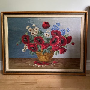 Vintage Large Needlepoint, Gobelin by Wiehler Poppies and Wild Flowers Framed Needlepoint, Large Size Needlepoint Red Poppies