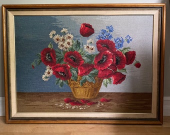 Vintage Large Needlepoint, Gobelin by Wiehler Poppies and Wild Flowers Framed Needlepoint, Large Size Needlepoint Red Poppies
