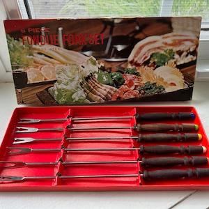 Vintage Set of 6 Fondue Forks In Original Box, Wooden Handles, Stainless Steel Fork, Made in Japan