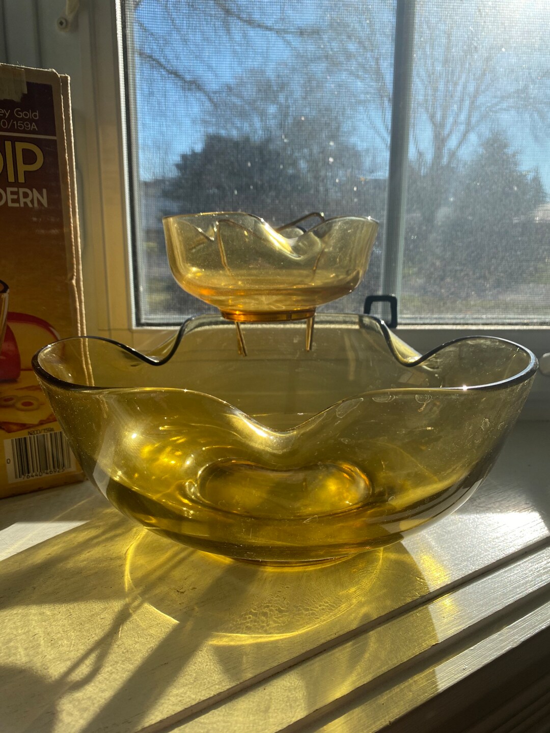 Vintage Anchor Hocking Chip n Dip Set Glass Bowls Scalloped Curved