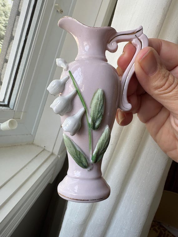 Vintage Ucagco Ceramics Japan Miniature Pitcher, Raised Pink Lily