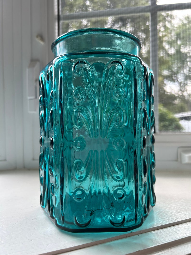 Teal Blue Vintage Glass Kitchen Canister No Lid