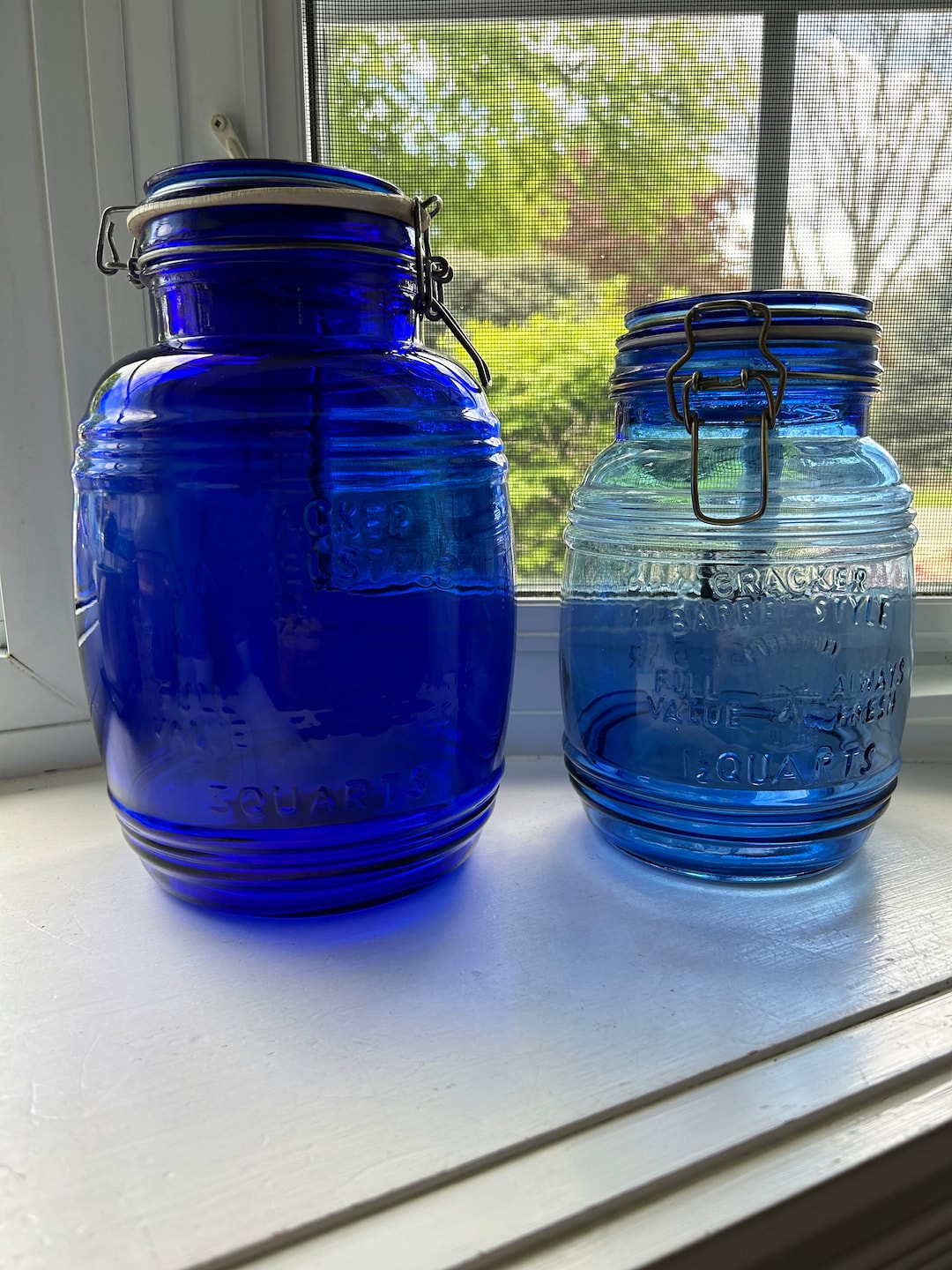 Vintage Cracker Barrel Style Cobalt Blue Glass Canisters, 3 Quarts