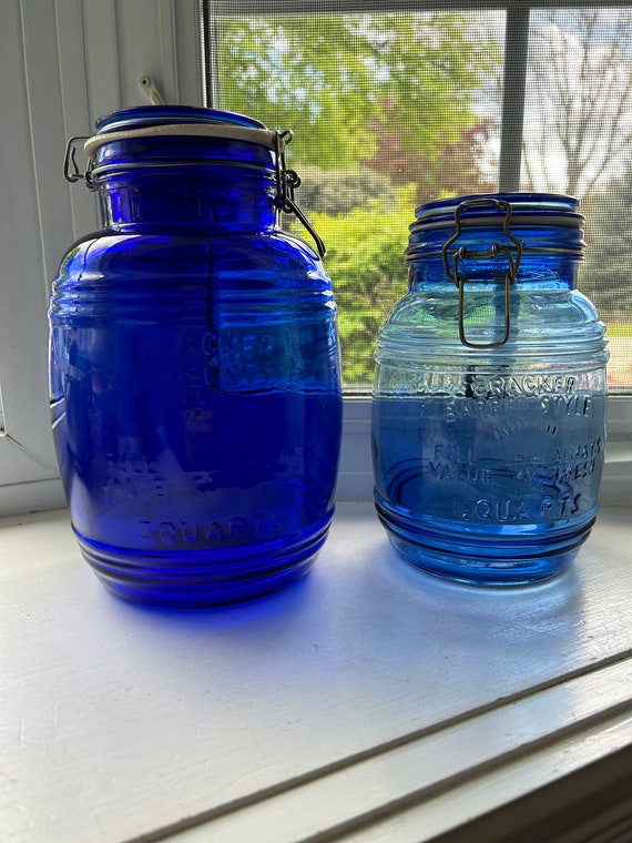 Vintage Cracker Barrel Style Cobalt Blue Glass Canisters, 3 Quarts