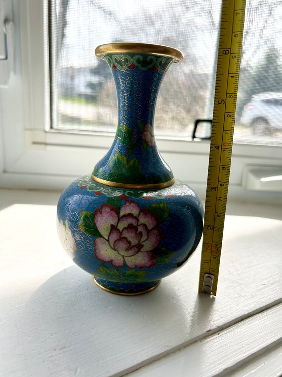 中国七宝焼き花瓶 - Chinese Cloisonné Floral Vase Vintage Chinese Cloisonné Enamel Vase, Birds and Flowers Pattern